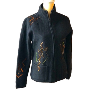 Chico's Womens 100% Wool Jacket Size Small black Embellished Sequin Full Zip